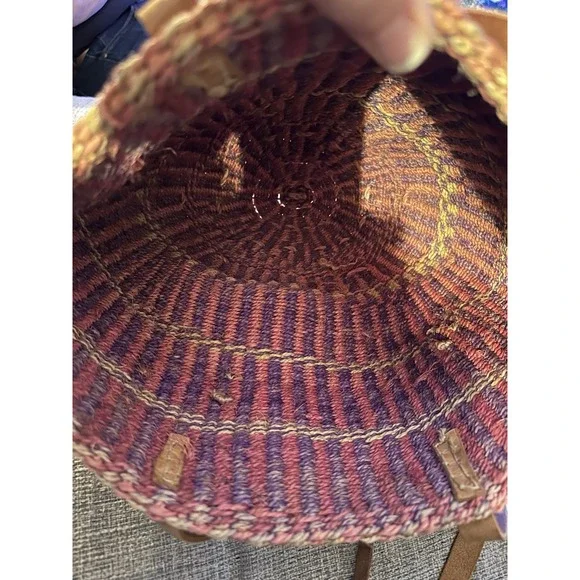 Vintage Woven Sisal Market Tote Bucket Bag Leather Straps Round Striped Boho